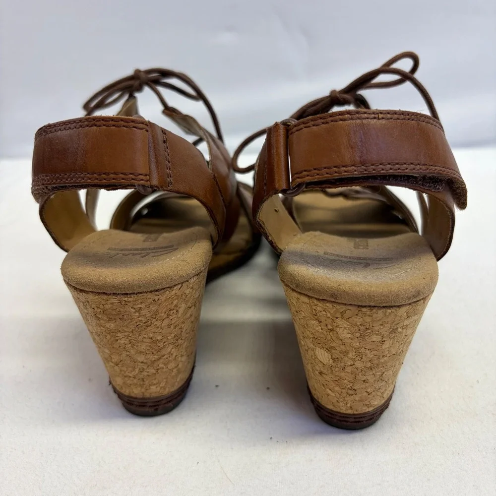 Clarks Collection Wedge Sandals Womens Size 8 Brown Leather Lace Up Cork Comfort